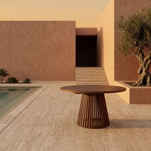 Table de salle à manger moderne en teck à lattes pour l'hôtellerie durable, idéale pour hôtels, complexes hôteliers, restaurants et terrasses – Achat en gros - Product Image 1