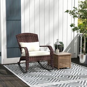 Sedia a dondolo Adirondack con schienale alto, in vimini, con cuscino e cuscino decorativo color crema per portico e balcone - Product Image 2