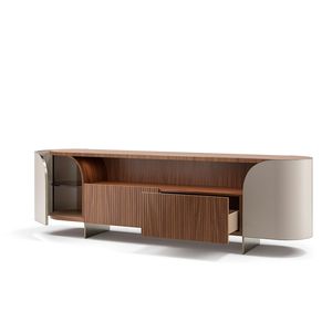 Buffet en teck avec panneaux latéraux incurvés élégants et design de rangement vertical à lattes modernes pour les espaces de vie contemporains - Product Image 2