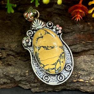 Colgante de Plata de Ley con Jaspe Maligano, Chapado en Oro Antiguo, Hecho a Mano, Joyería Clásica con Piedras Preciosas, Certificado IGI, Único - Product Image 3