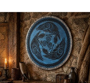 Blue Viking Raven Shield <b>Wall</b> Decal Circular Wood Art Deco Rustic Norse Design for Living Room and Hallway - Product Image 2