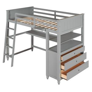 Letto a soppalco in legno per bambini, singolo, con cassetti, scrivania e mensole, colore grigio (Vecchio SKU LT001530AAE) - Product Image 4