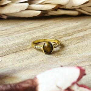 Hot Design Boho <b>Tiger</b> <b>Eye</b> Gemstone <b>Ring</b> Dainty Brass Jewelry for Women 18k Gold Plated Minimalist Band for Wholesale/OEM/ODM - Product Image 1