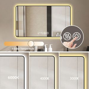 Specchio LED da Bagno di Alta Qualità 48x32 con Cornice Nera, Montaggio a Parete, Luce Tricolore, Funzione Antiappannamento, Display Temperatura, Angoli Arrotondati - Product Image 5