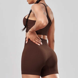 Ensemble de yoga 2 pièces marron asymétrique à une épaule, short taille haute, design découpé, sans couture, en Spandex et Polyester, tenue de sport - Product Image 3