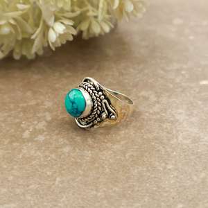 Brass S925 Sterling Silver Natural <b>Turquoise</b> <b>Ring</b> Handcrafted Vintage Boho Rope Border Statement <b>Ring</b> for Women - Product Image 3