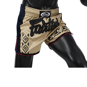 กางเกงมวยไทย Fairtex รุ่นพรีเมียม ผ้าซาติน สีเบจ-น้ำเงินกรมท่า ด้านข้างเป็นผ้าตาข่าย เอวยางยืด ระบายอากาศได้ดี ยืดหยุ่น น้ำหนักเบา - Product Image 3