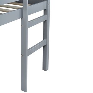 Cama Alta de Madera de Caucho Gris de Tamaño Completo con Escalera y Construcción Metálica Resistente - Product Image 1