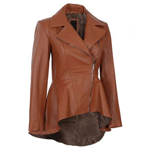 Women's Cognac Brown Wax Peplum 100% Real Lambskin Leather Asymmetrical Zip Closure <b>Jacket</b> - Product Image 2