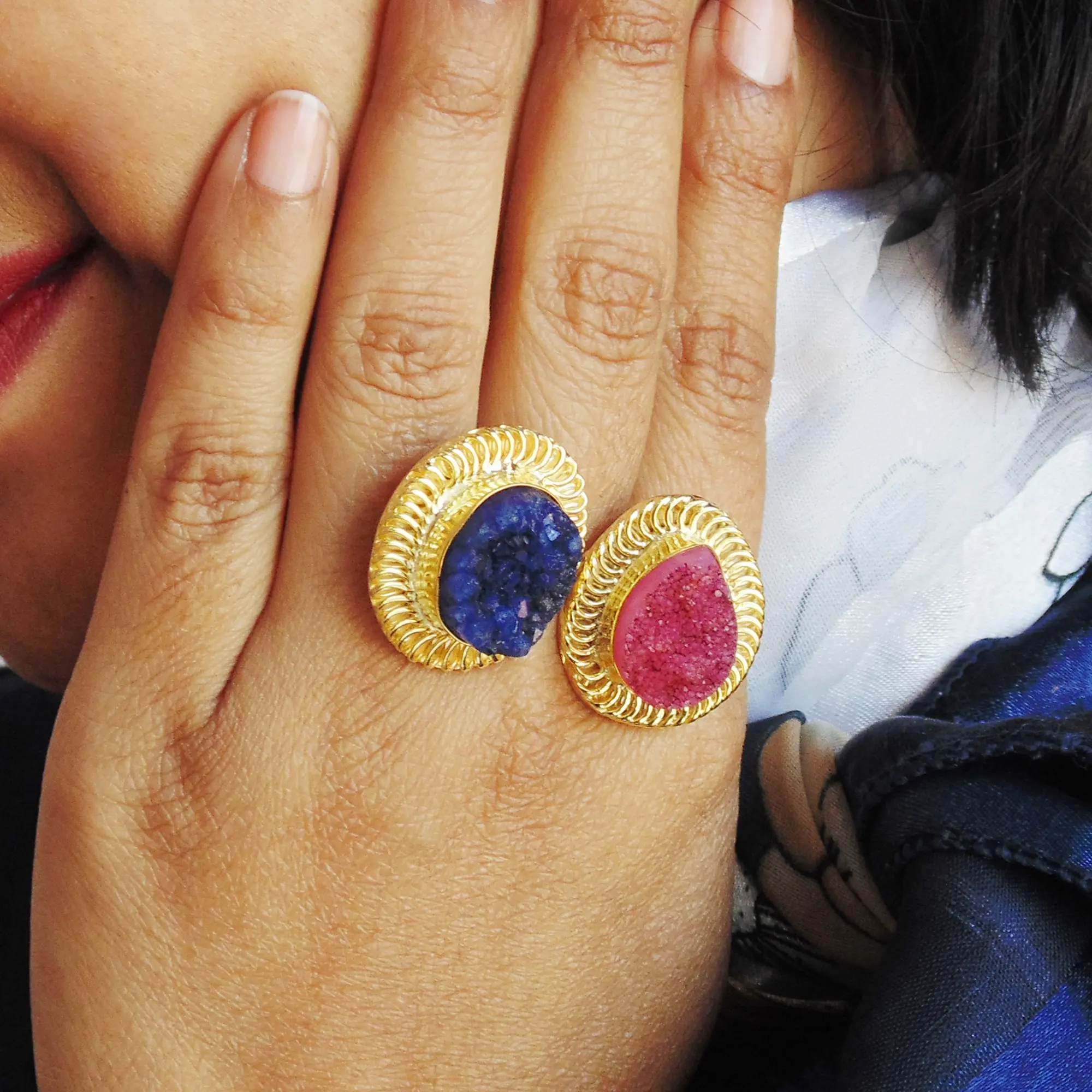Wholesale Gold Plated Designer Pink And Blue Druzy Quartz Ring, Handmade Two Stone Ring Jewelry Manufacturer In India