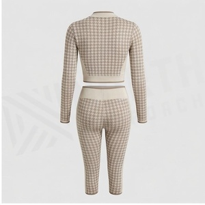 Ensemble de yoga 2 pièces North Approach, fermeture éclair intégrale sur le devant, motif pied-de-poule, taille haute, vêtements de sport sans couture - Product Image 2
