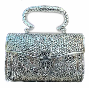 Handmade Metal Floral Flap Clutch Evening Party <b>Bag</b> With Ring Handle Elegant Decorative Beading Rectangle Shape - Product Image 4