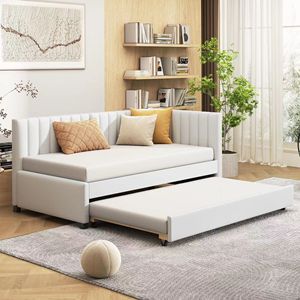 Divano letto imbottito in tessuto di lino beige con letto estraibile, misura singola, senza bisogno di rete a molle - Product Image 1
