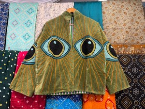 Olive Green Velvet Evil Eye Quilted Jacket Boho Suzani Embroidery Breathable Cotton Outerwear with Reversible Design - Product Image 4