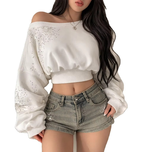 Sweat-shirt court à épaules dénudées avec strass, manches longues bouffantes, style streetwear, logo scintillant, en coton, pour femme - Product Image 3
