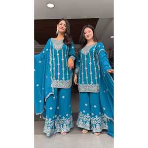 Hermoso Salwar Kameez de Seda Maruti Color Cielo con Bordado en la Parte Superior e Inferior y Dupatta para Bodas, Talla XL - Product Image 6