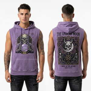 Débardeur de sport pour homme personnalisé, sans manches, violet améthyste délavé, avec motif graphique Tarot Undead Moon Skull, coupe ajustée, style streetwear - Product Image 1