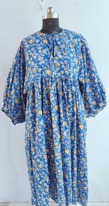 Vintage Blue Yellow Floral Block Print Cotton Midi <b>Dress</b> with Puff Sleeves Tie-Neck <b>Loose</b> Fit Casual Summer <b>Dress</b> For Women - Product Image 6