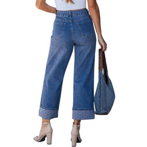 Jeans en denim pour femmes sur mesure, 100% coton, pantalon à jambes larges, détail de revers coupé, style décontracté, streetwear contemporain - Product Image 2