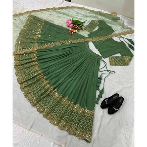 LEHENGA CHOLI DE CONCEPTION DE MARQUE EN GEORGETTE AVEC BRODERIE ET TRAVAIL DE SEQUENCES, ET DUPATTRA MEHENDI - Product Image 1