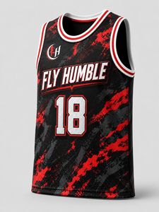 Maillot de basketball Fly Humble pour homme, sans manches, en mesh sublimé, noir et rouge, numéro 18, col rond, coupe classique, ajustable - Product Image 1