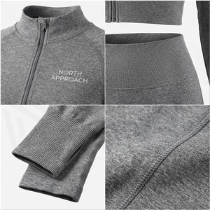 North Approach 2 Piece Yoga Set Full Length <b>Zipper</b> Front Solid Gray Crop <b>Top</b> High Waist Leggings Breathable Sportswear - Product Image 4