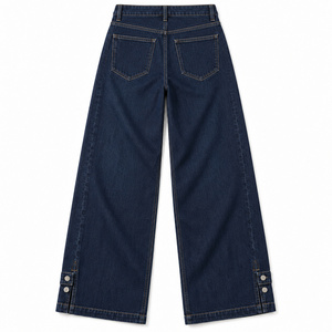 Jean en denim taille haute pour femme, coupe large, avec ourlet à boutons – Indigo foncé, extensible, lavable, offre ODM - Product Image 2