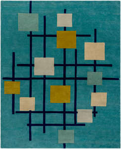 Tapis géométrique en laine bleu sarcelle avec des carrés abstraits, tissé à la main, tapis moderne d'intérieur pour le salon, la chambre à coucher, décoration - Product Image 3