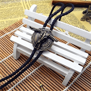 Horn Valor Retro Alloy Pendant Bolo Tie-Adjustable Genuine Leather Cowboy Necktie with Natural Stone for Men & Boys - Product Image 5