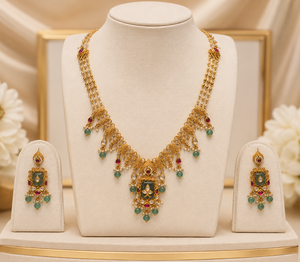 Gold Plated Trendy Kundan <b>Necklace</b> and Dangle Earrings <b>Set</b> with Freshwater Pearl Green/Red Stones for Women's <b>Wedding</b> Ceremony - Product Image 6