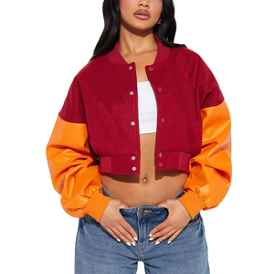 OEM Street Wear Women's Varsity Crop <b>Jacket</b> with <b>Leather</b> <b>Long</b> Sleeves Wool and Canvas Breathable Design Ribbed Private Label - Product Image 5