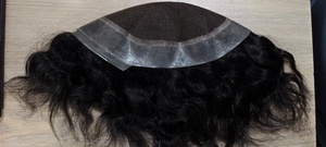 Prothèse capillaire naturelle noire ondulée en cheveux humains, base en dentelle et PU, nouée à la main pour hommes - Product Image 1