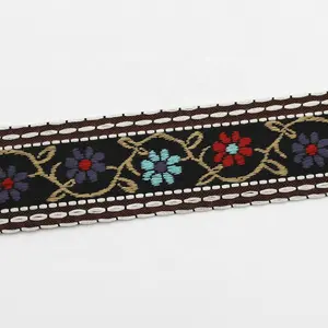 Individuelles 2 Zoll Polyester dünnes indigenes Blumenstickband Zierleiste 50 mm breites schwarzes ethnisches Band für Kleidung