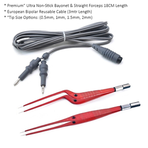 Pinces chirurgicales bipolaires européennes réutilisables en acier inoxydable ultra antiadhésif, type baïonnette, droites, 18 cm, avec pointe de câble de 3 mètres - Product Image 1