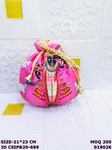 Shreenathji Printed Satin Potli <b>Bag</b> with Pearl Lace | <b>Drawstring</b> Ethnic Wedding Return Gift Pouch for Women - Product Image 1