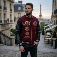 Veste bomber pour homme en laine bordeaux avec manches en cuir noir, broderie personnalisée, OEM ODM