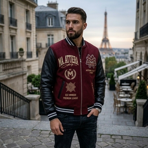 Men <b>Burgundy</b> Letterman <b>Jacket</b> Wool Body Black <b>Leather</b> Sleeves Embroidered Bomber <b>Jacket</b> Custom OEM ODM - Product Image 3