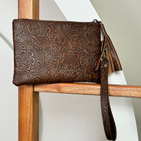 Portefeuille pour femme en cuir de vachette embossé avec poignée et pompon, qualité supérieure, fait main, motif floral, style western