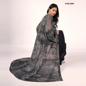 Chiffon Marble Printed Open Front Abaya Style Shrug with Flared Sleeves Modest Wear Full Length Soft Flowing Silhouette - Product Image 5