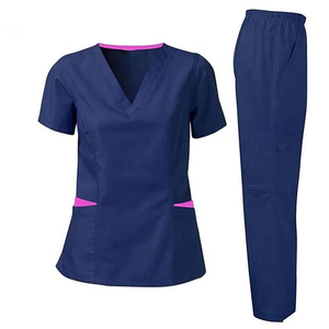 Ensemble de blouses roses pour femmes en coton et polyester, haut à col en V avec poches et pantalon à taille élastique, uniformes d'hôpital - Product Image 2