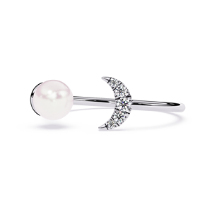 <b>Moon</b> Shape Pearl <b>Ring</b> Emerald Cut Lab Grown Diamond Pave Setting 10K Gold IGI Certified Bohemian Style Unisex Daily Wear <b>Ring</b> - Product Image 1