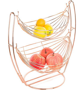 Premium fruit vegetable <b>storage</b> <b>basket</b> stand double made with strong durable metal <b>wire</b> elegant rose gold finish stylish modern - Product Image 1