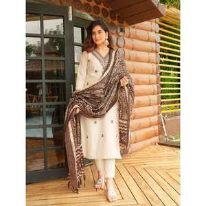 DISEÑADOR KHADI ALGODÓN BORDADO TRABAJO TOP BOTTOM CON DUPATTA BLANCO - Product Image 1