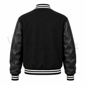 Custom Black Wool Leather Varsity <b>Jacket</b> <b>Men</b> <b>White</b> Stripe Rib Letterman Baseball <b>Jacket</b> OEM Embroidery Bulk Manufacturer - Product Image 2