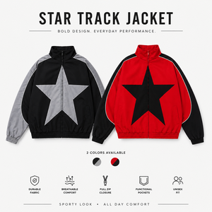 เสื้อแจ็คเก็ตสไตล์สปอร์ต Y2K สำหรับผู้ชาย พร้อมลายปักดาว ดีไซน์ตัดต่อสี ซิปด้านหน้า คอตั้ง ทรงปกติ เหมาะสำหรับใส่ในฤดูใบไม้ร่วง - Product Image 1