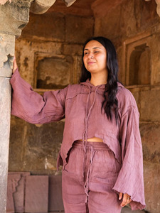 Handmade Mauve Cotton Khadi Hoodie for Women Bohemian Oversized <b>Festival</b> Pullover Hooded <b>Top</b> Loose Fit Drop Shoulder Blouse - Product Image 4
