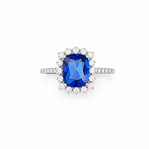 Bague de luxe pour femme avec saphir bleu taille coussin, halo et accents de diamants, en or 10K 14K 18K ou argent sterling 925/935 plaqué rhodium, sertie à griffes - Product Image 4