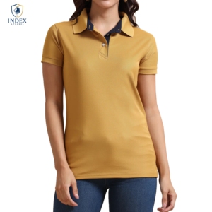 Camiseta Polo Amarillo Mostaza para Mujer, Manga Corta, Corte Regular, Color Sólido, 100% Algodón Piqué, Transpirable, de Index Apparel - Product Image 1