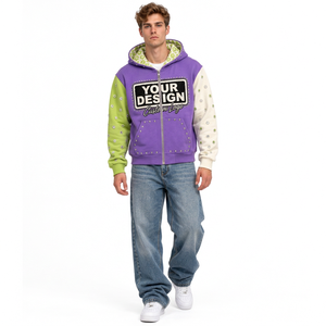 Sudadera con capucha y cremallera para hombre, estilo urbano, de algodón, con diseño de bloques de color, bordada, de peso pesado, informal y a la moda. - Product Image 4