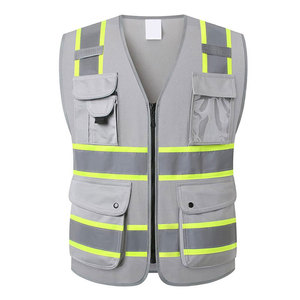 Reflective Safety Vest Men Gray V Neck Zipper Closure Breathable Polyester Work Wear with Pockets Casual Outerwear Spring - Product Image 1